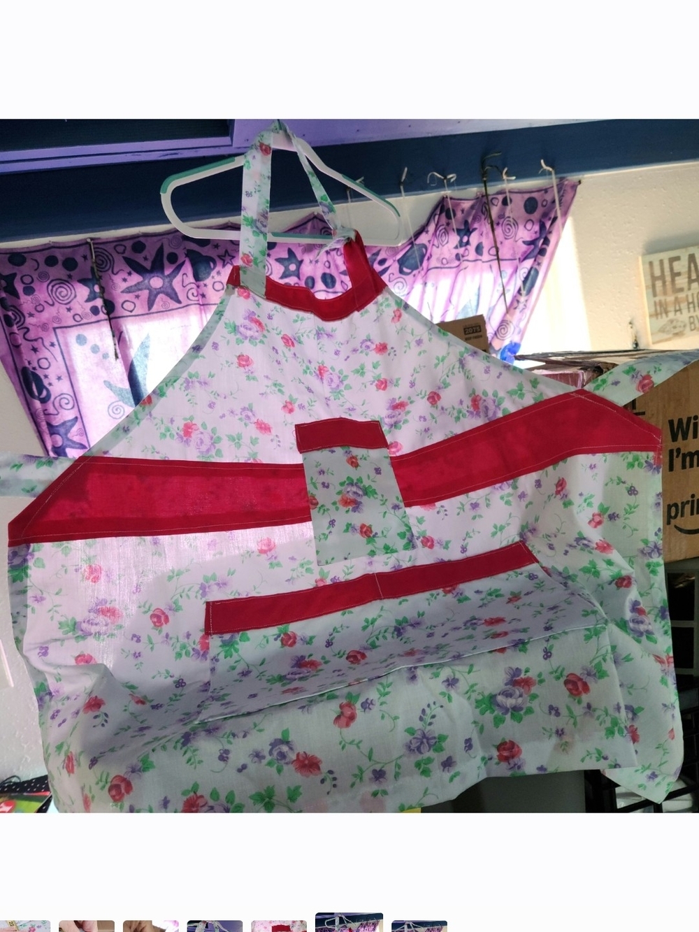 NEW HANDMADE Vintage-Style Floral Bib Apron with Pockets & Pink Trim